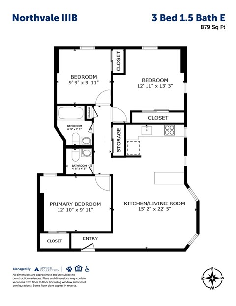 Floor plan for 3 beds, 1.5 baths, 879 sqft